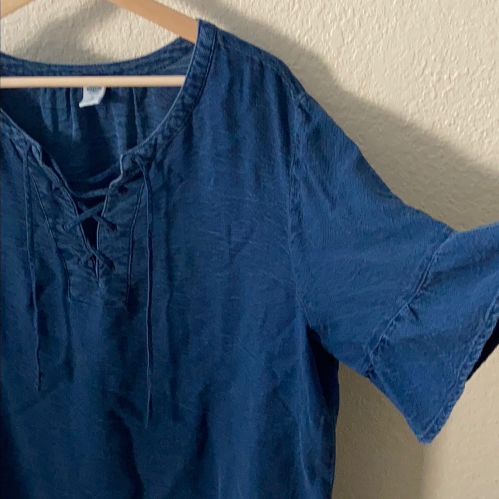 Bell Sleeve Lace Up Demin Chambray Top